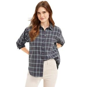 LOFT Womens M Plaid Shirt Casual Neutral Minimalist Chic Chore Capsule‎ Wardrobe
